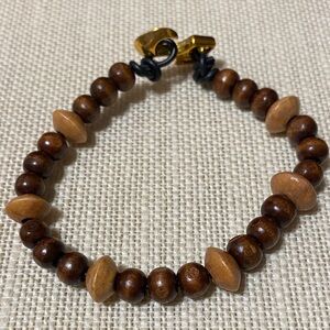 Brown two tone wood Beaded 8” long Bracelet with Gold anchor and loop Clasp